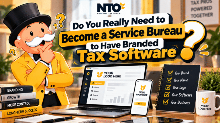NTO mascot with branded tax software – Do You Really Need to Become a Service Bureau?